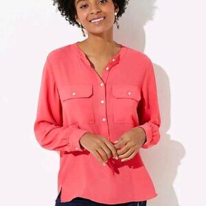 Loft Women's Geranium Coral Pink Henley Utility Long Sleeve Blouse in Size XS